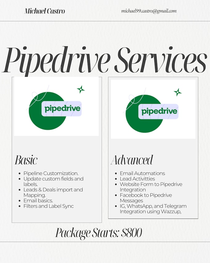 do pipedrive management, setups, files creations, distribution, lost and recycle