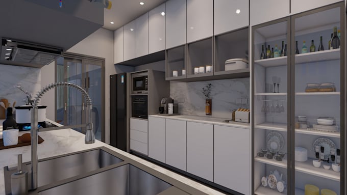 design modern 3d kitchen with 2d floor plan and realistic rendering