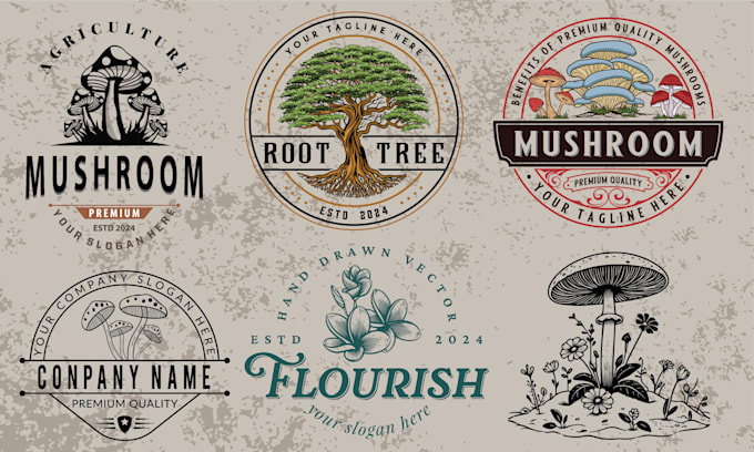 make hand drawn bee mushroom vintage logo design
