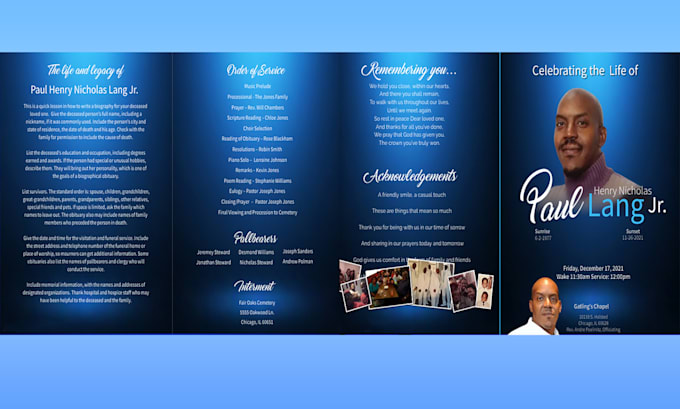 design event, funeral flyer, obituary and program in 3hrs