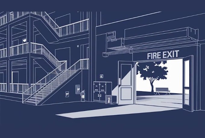 design a professional fire emergency evacuation map, exit plan, and diagram