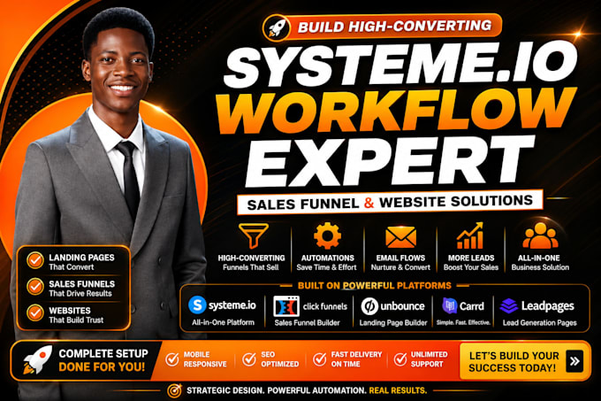 build landing page or website using unbounce, systeme io, carrd and clickfunnels