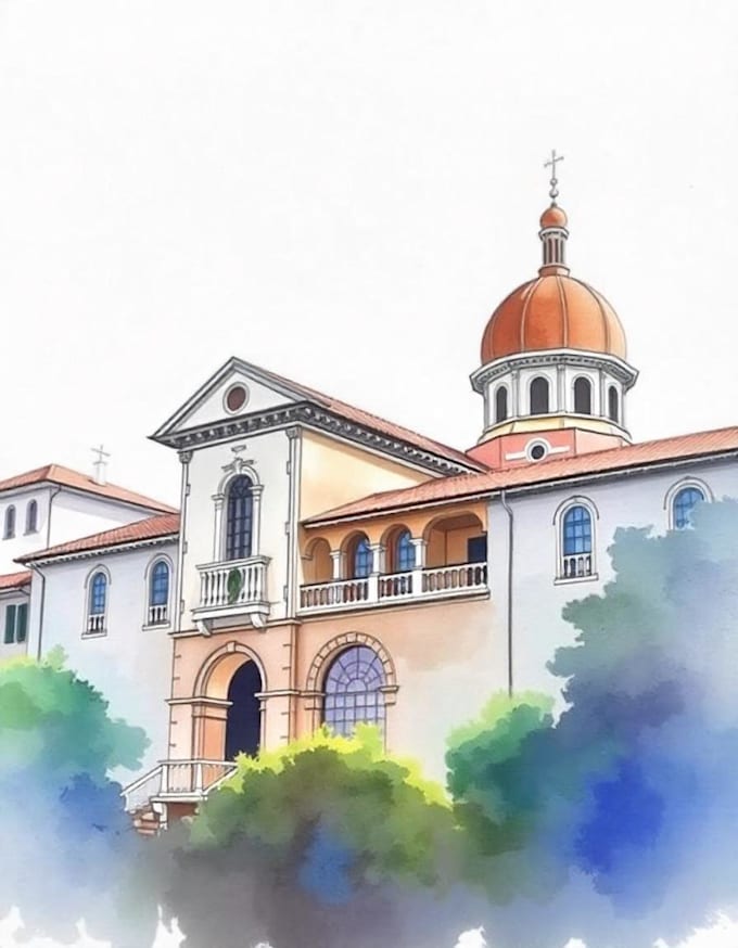 sketch and watercolor of buildings, houses and other places