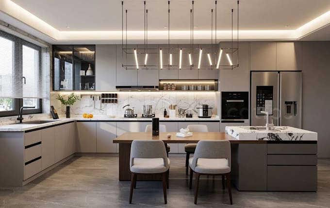 design modern kitchen and bathroom interior with realistic 3d render
