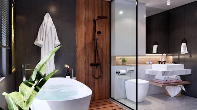 design modern kitchen and bathroom interior with realistic 3d render