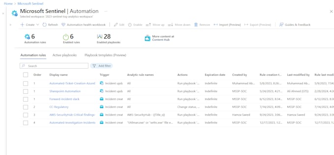 do sentinel siem deployment, management, rules, automation and playbook creation