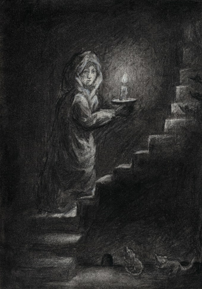 draw dark traditional illustrations in charcoal