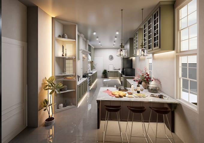 design modern kitchen, bedroom and interior with realistic 8k render
