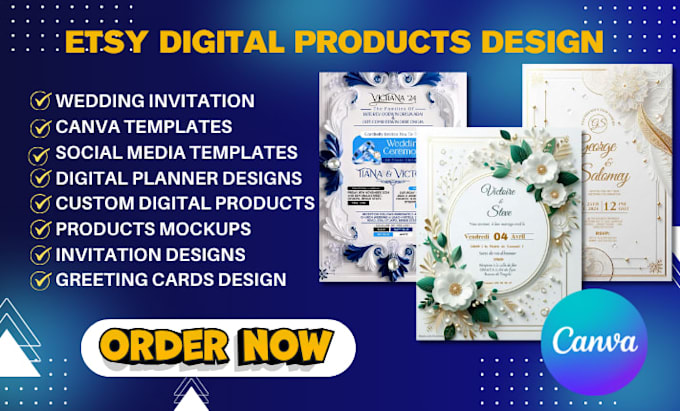 create digital products for etsy wedding invitation design canva template mockup