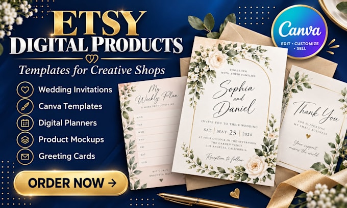 create digital products for etsy wedding invitation design canva template mockup