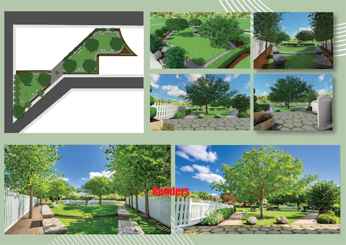 design park, garden, pool, patio, backyard landscape 2d 3d