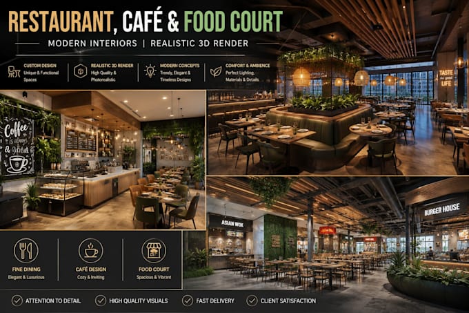 design a modern restaurant, café, and food court