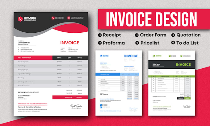 design professional invoice, receipt, fillable PDF, order form, quotation