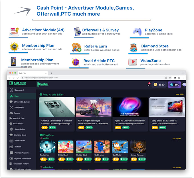 create earning website with offerwall, subscription, advertiser module
