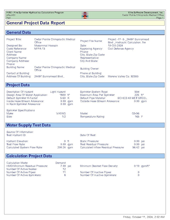 create hydraulic calculation for fire sprinkler system