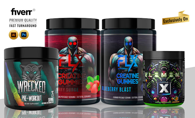 do awesome supplement label design, pre workout, whey protein, supplement label