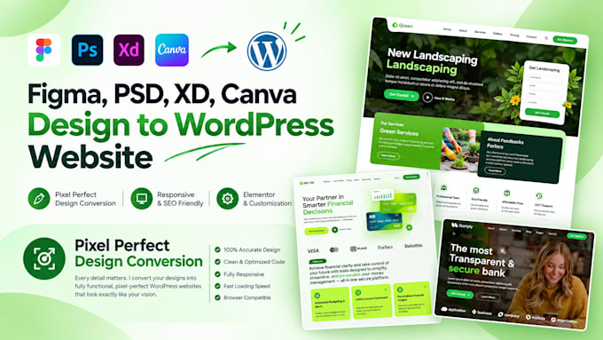 convert figma to wordpress using elementor, PSD and xd to wordpress