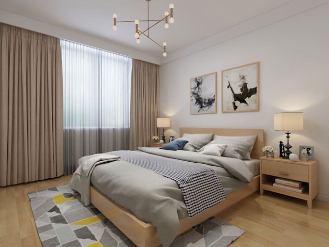 interior design and photorealistic rendering for bedroom, living room, kitchen