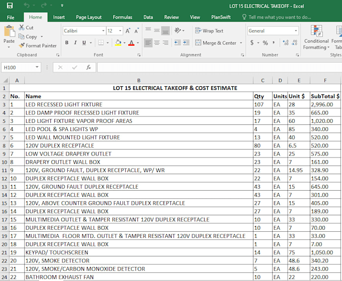 do electrical cost estimation and material takeoff