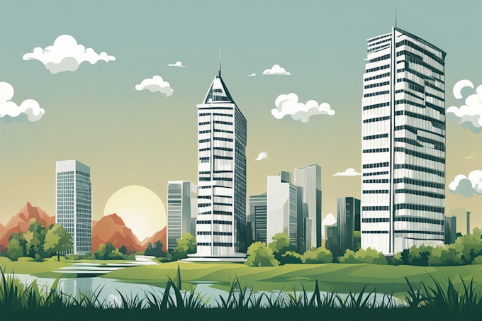 draw a building, landscape into vector art illustration