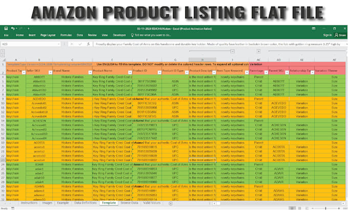 upload amazon product listing via flat file, create variations