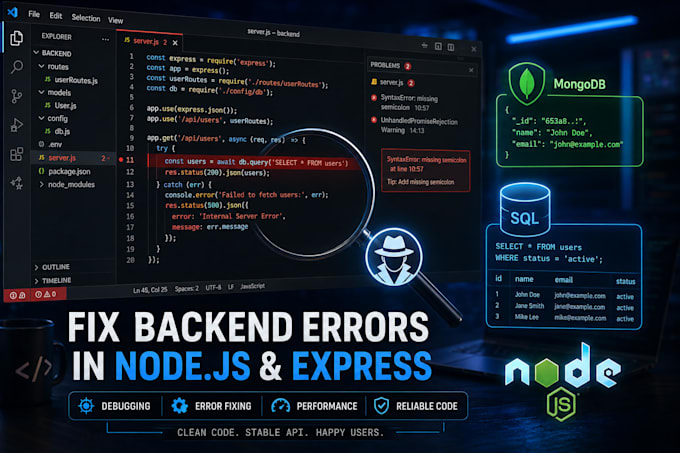 fix nodejs expressjs API bugs and backend database issues