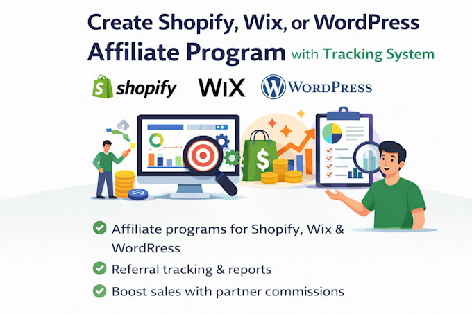 create shopify, wix, or wordpress affiliate program  with tracking system