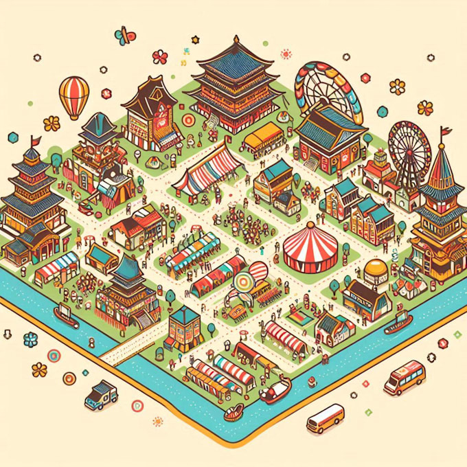 create a festival map illustration, fantasy map, city map, site map, tourist map