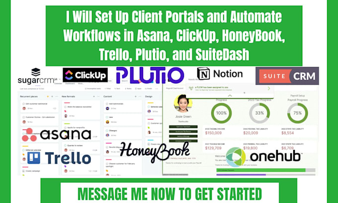 set up client portal automate workflows in asana clickup honeybook trello plutio