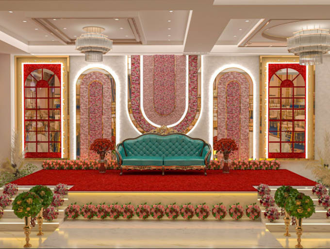 render custom 3d interior design wedding stage, event center,3d hall walkthrough