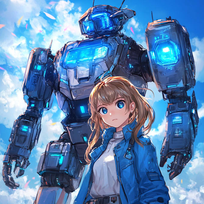 draw anime style mecha robot logo and friendship portrait