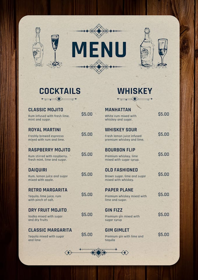 design amazing looking restaurant, wedding and cafe menu