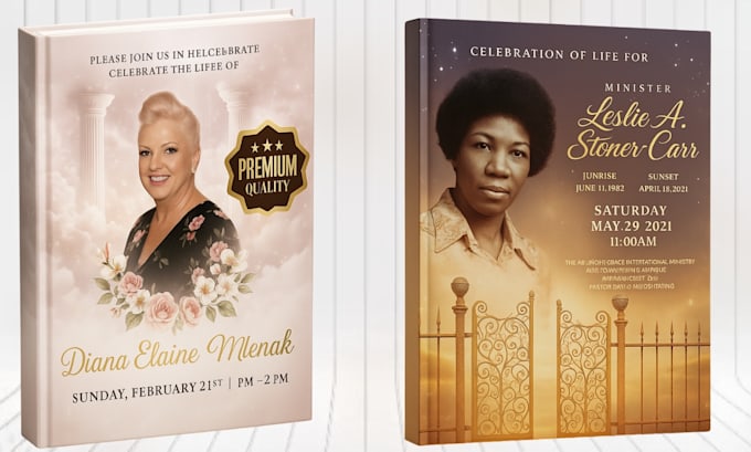 design professional funeral flyers, obituaries, and memorial prayer cards fast