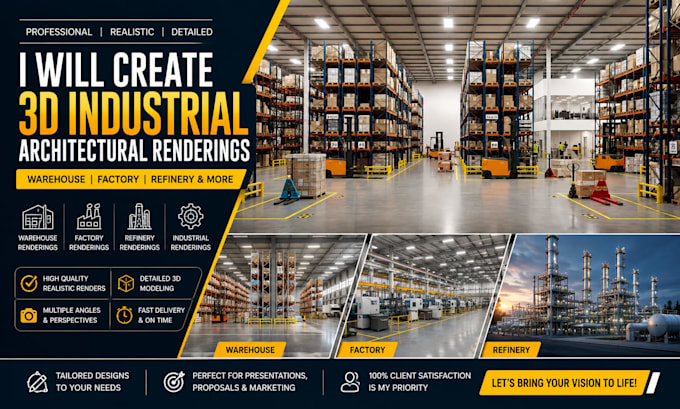 create 3d warehouse, factory, refinery and industrial architectural renderings