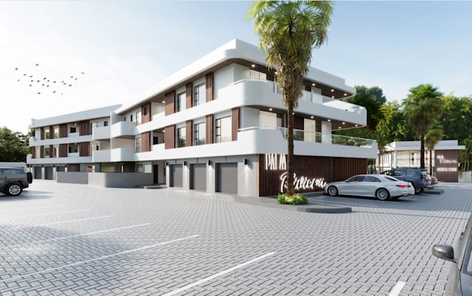 renovate 3d hotel building,garden landscape, driveway,front elevation,cgi render