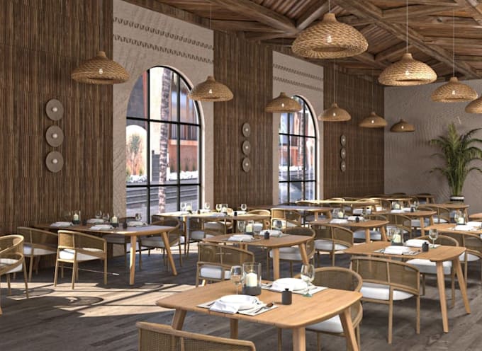 render 2d floor plan to modern desert resort restaurant, cgi cafe interior decor
