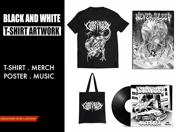 create a black and white illustrated t shirt design for merch or music