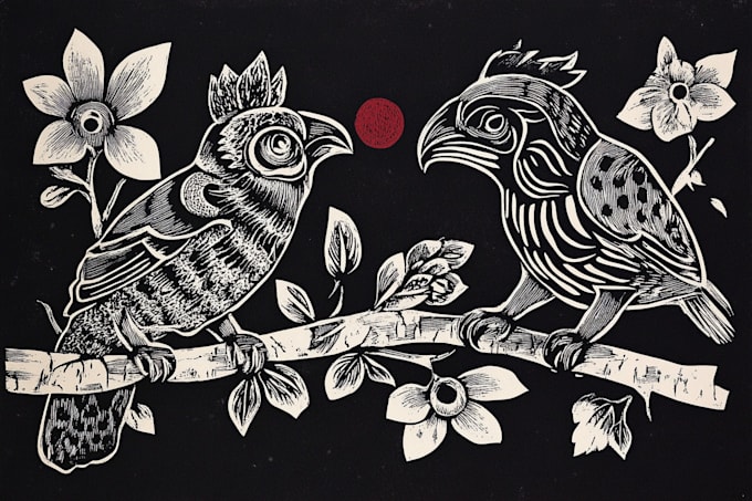 illustrate animal or botanical linocut based on your request