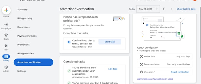 do google advertiser verification within 24 hours