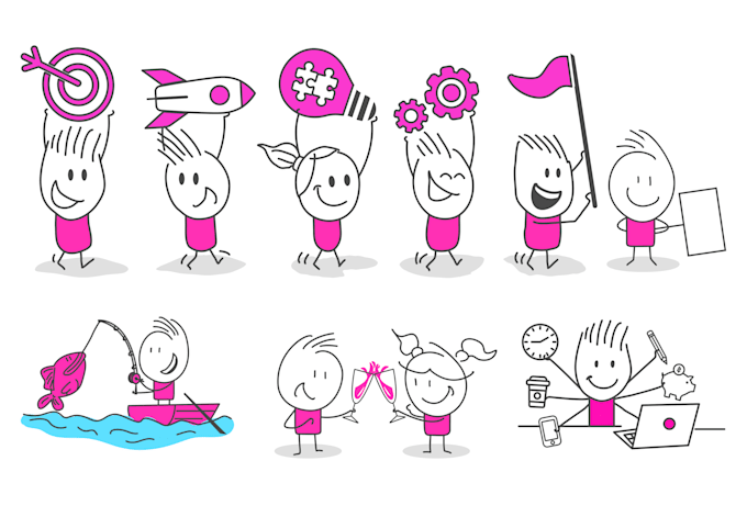 draw stickman, stick figure in doodle art and line art style