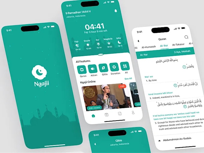 create islamic prayer time app, quran learning app, quran audio app, hadith app