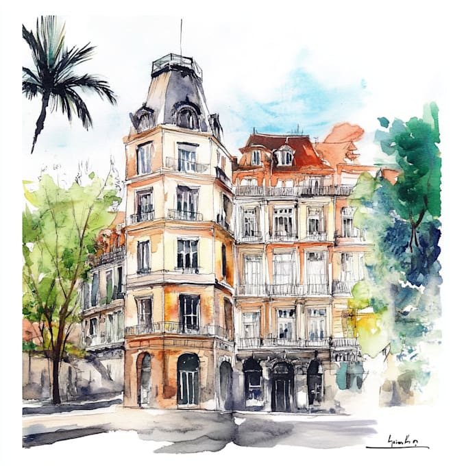 hand draw watercolor house paintings