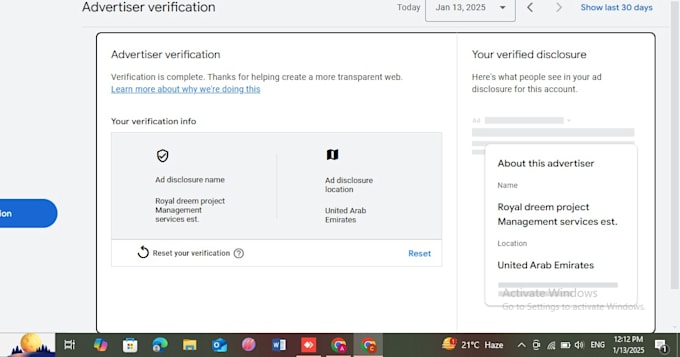 setup payment profile, do advertiser verification, unsuspend google ads account
