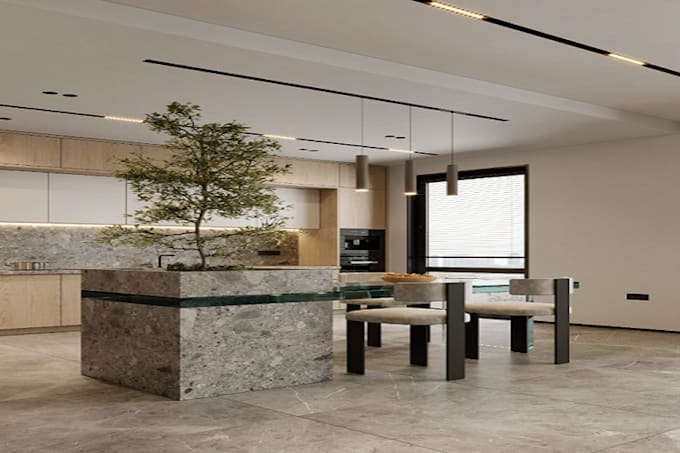 cgi 3d kitchen interior  render , visualize house,  dinning room design, layout