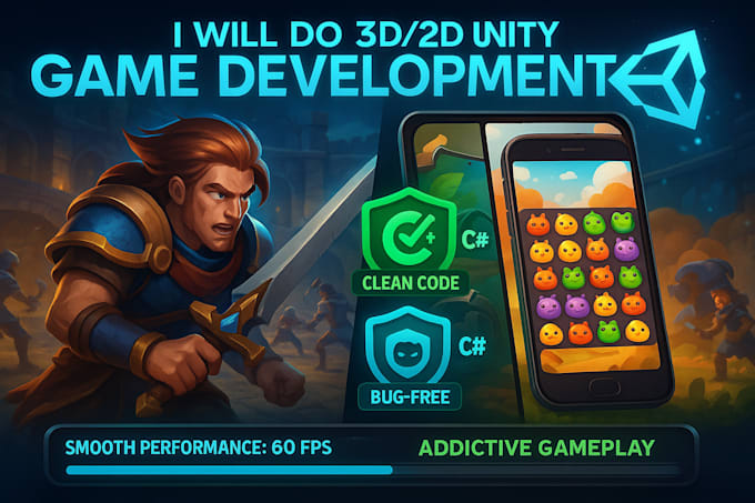 develop 3d unity game, multiplayer game development, 2d unity game, game design