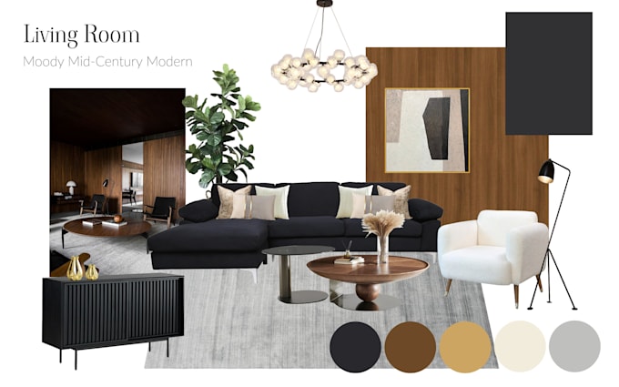 create an interior design moodboard with a floor plan