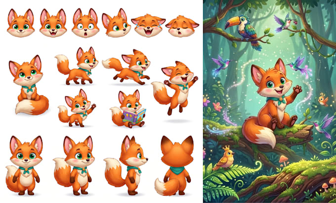 design unique children book characters with consistent expressions and poses