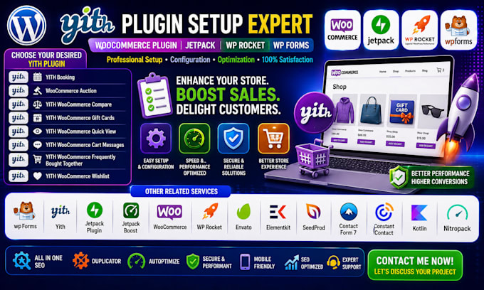 setup yith plugin, woocommerce plugin, jetpack, wp rocket, wp forms,