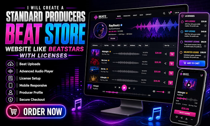 create a standard producers beat store website like beatstars with licenses