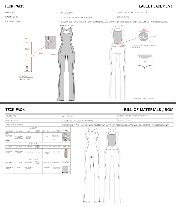 create professional activewear and swimwear tech packs ready for manufacture